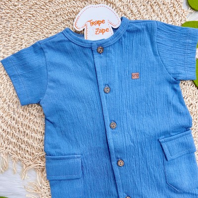 Macacão Longo Anarruga com Botões e Bolsos - Azul Jeans Macacão Longo Anarruga com Botões e Bolsos - Azul Jeans